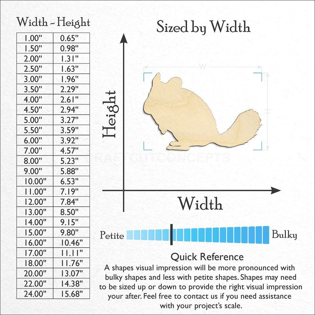 Sizes available for a laser cut Chinchilla craft blank