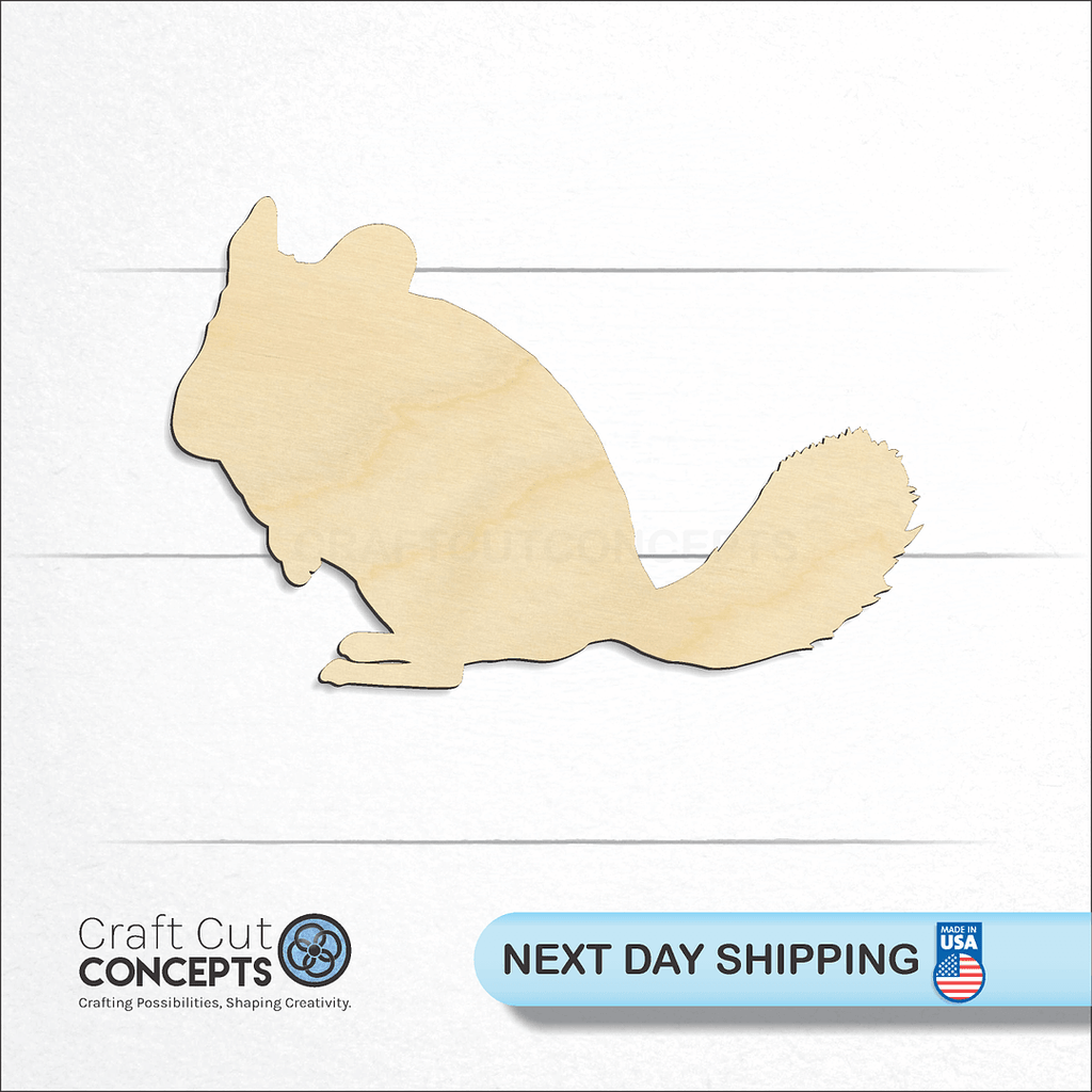 Craft Cut Concepts logo and next day shipping banner with an unfinished wood Chinchilla craft shape and blank