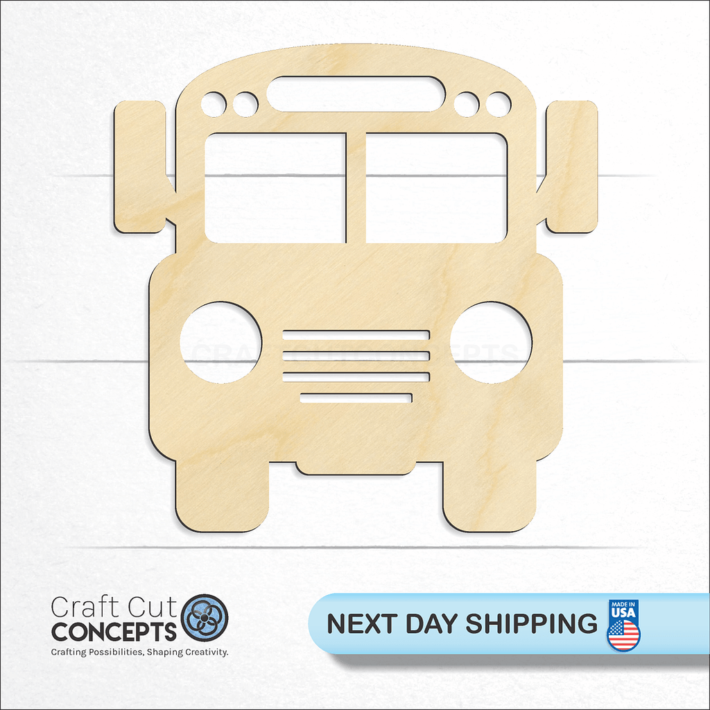 Craft Cut Concepts logo and next day shipping banner with an unfinished wood School Bus craft shape and blank