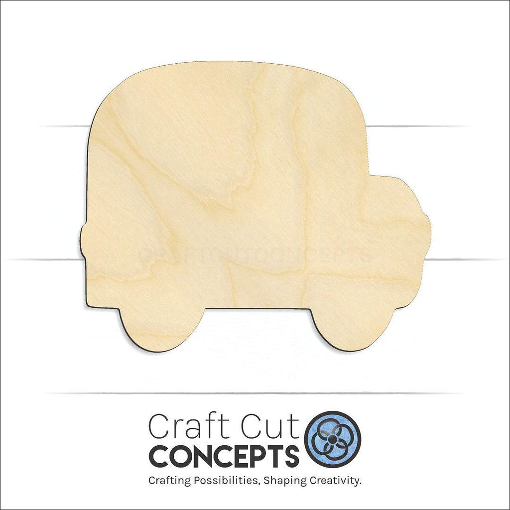 Craft Cut Concepts Logo under a wood School Bus craft shape and blank