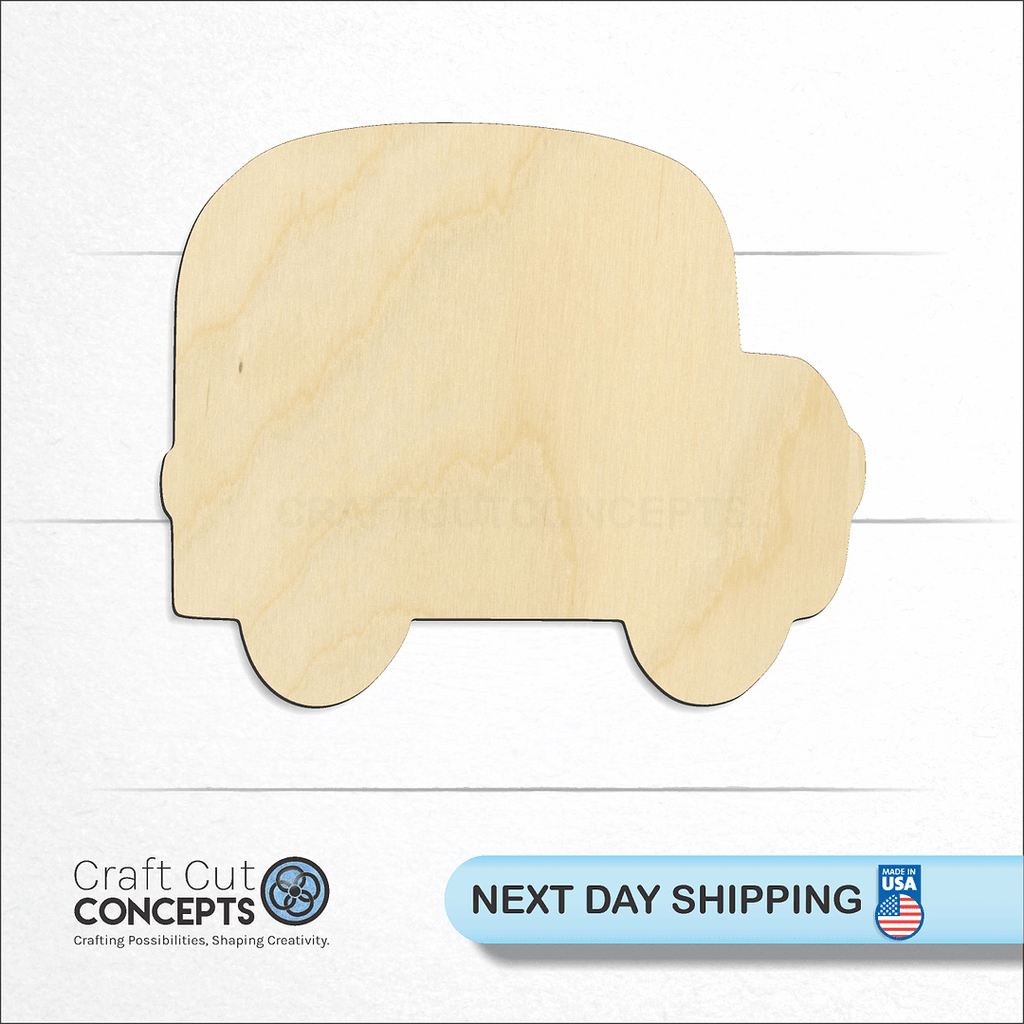 Craft Cut Concepts logo and next day shipping banner with an unfinished wood School Bus craft shape and blank