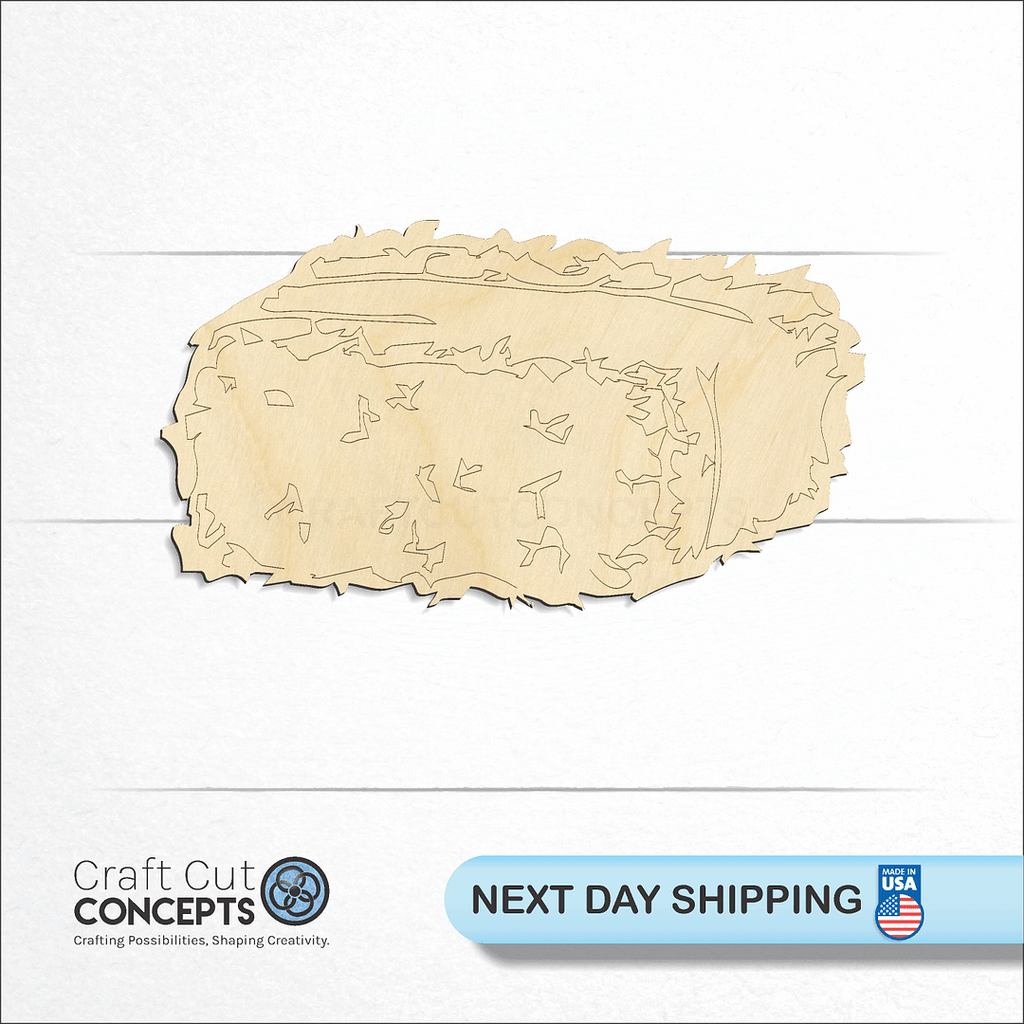 Craft Cut Concepts logo and next day shipping banner with an unfinished wood Hay Bale craft shape and blank