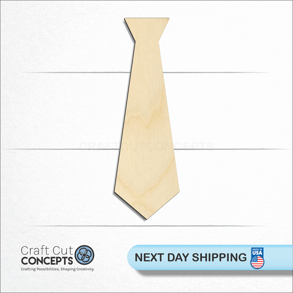 Craft Cut Concepts logo and next day shipping banner with an unfinished wood Dress Tie craft shape and blank