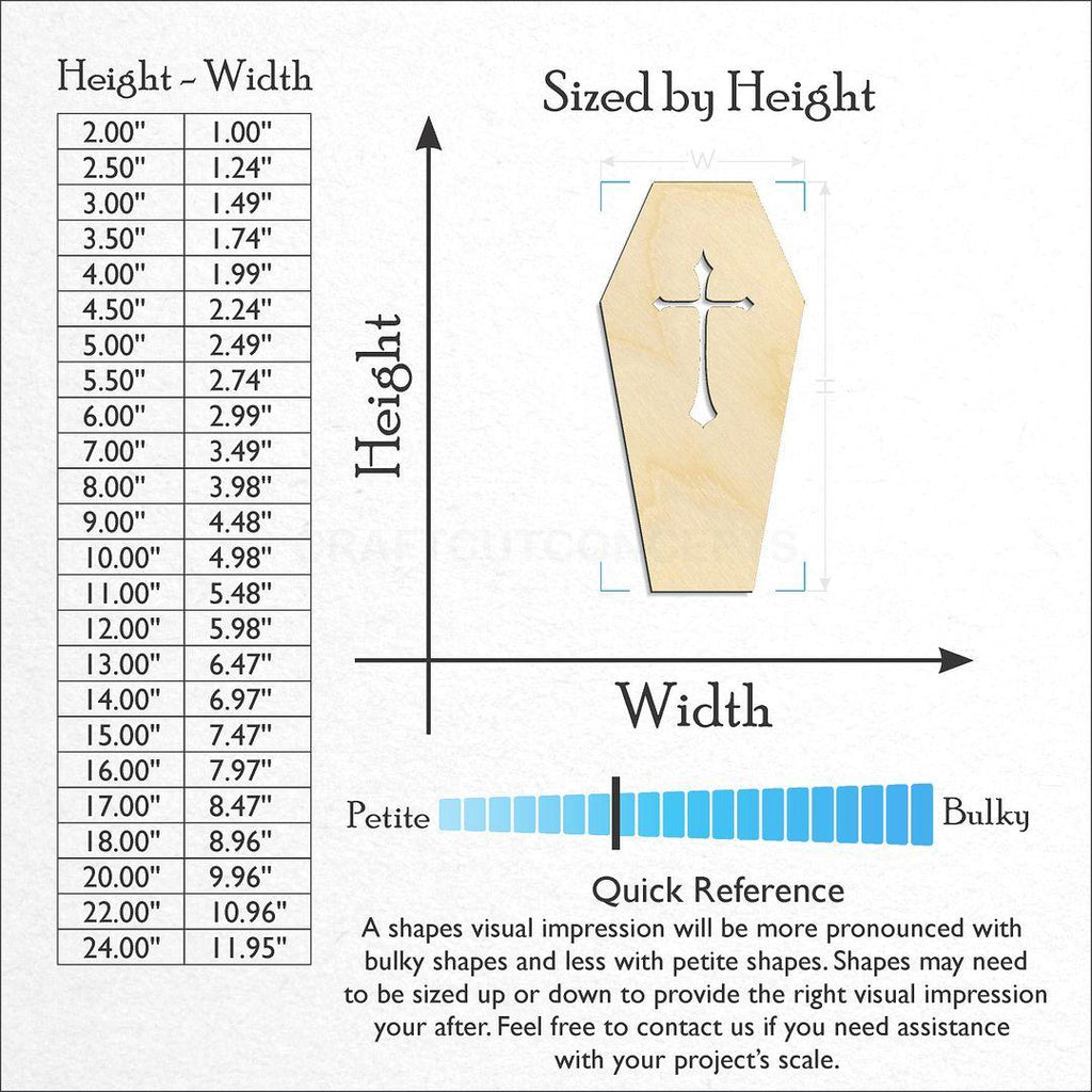 Sizes available for a laser cut Coffin craft blank