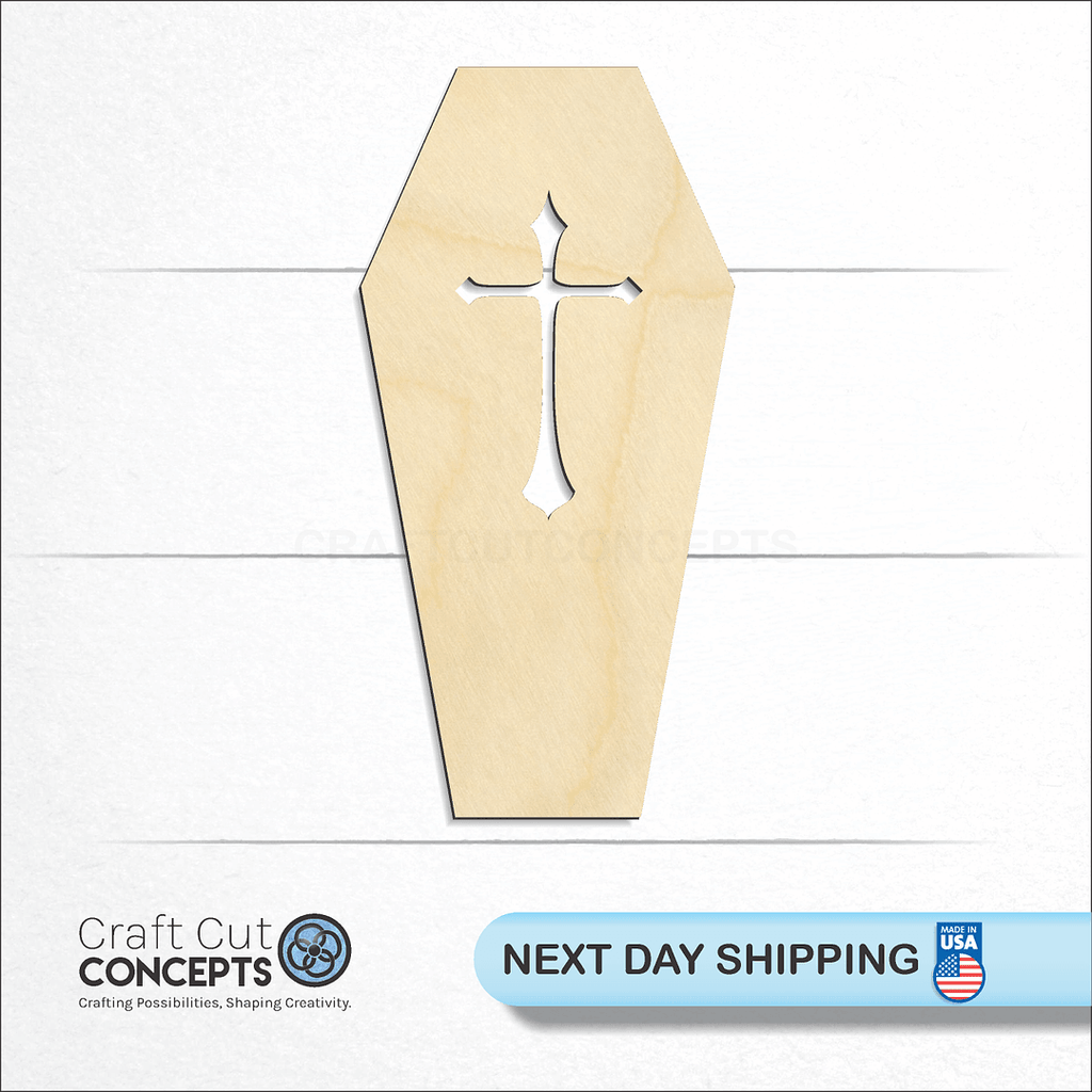 Craft Cut Concepts logo and next day shipping banner with an unfinished wood Coffin craft shape and blank