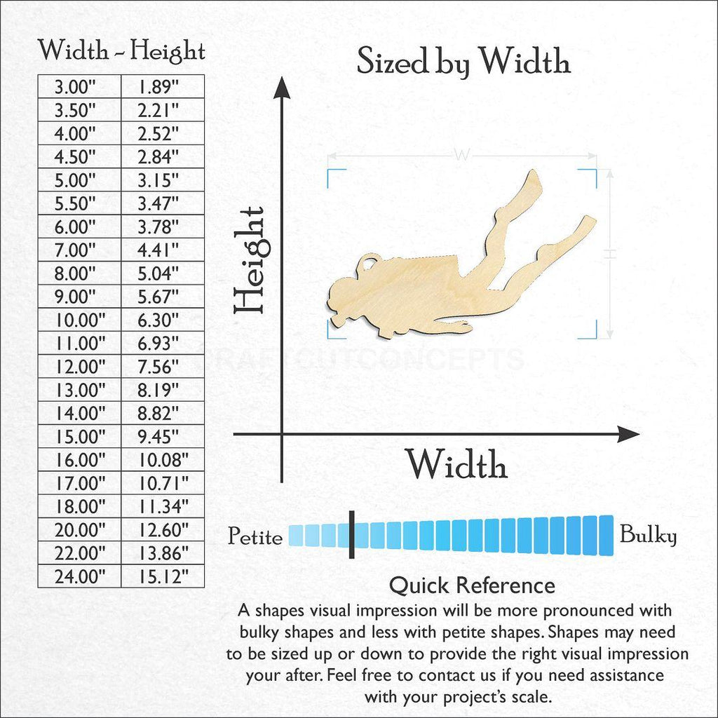 Sizes available for a laser cut Scuba Diver craft blank