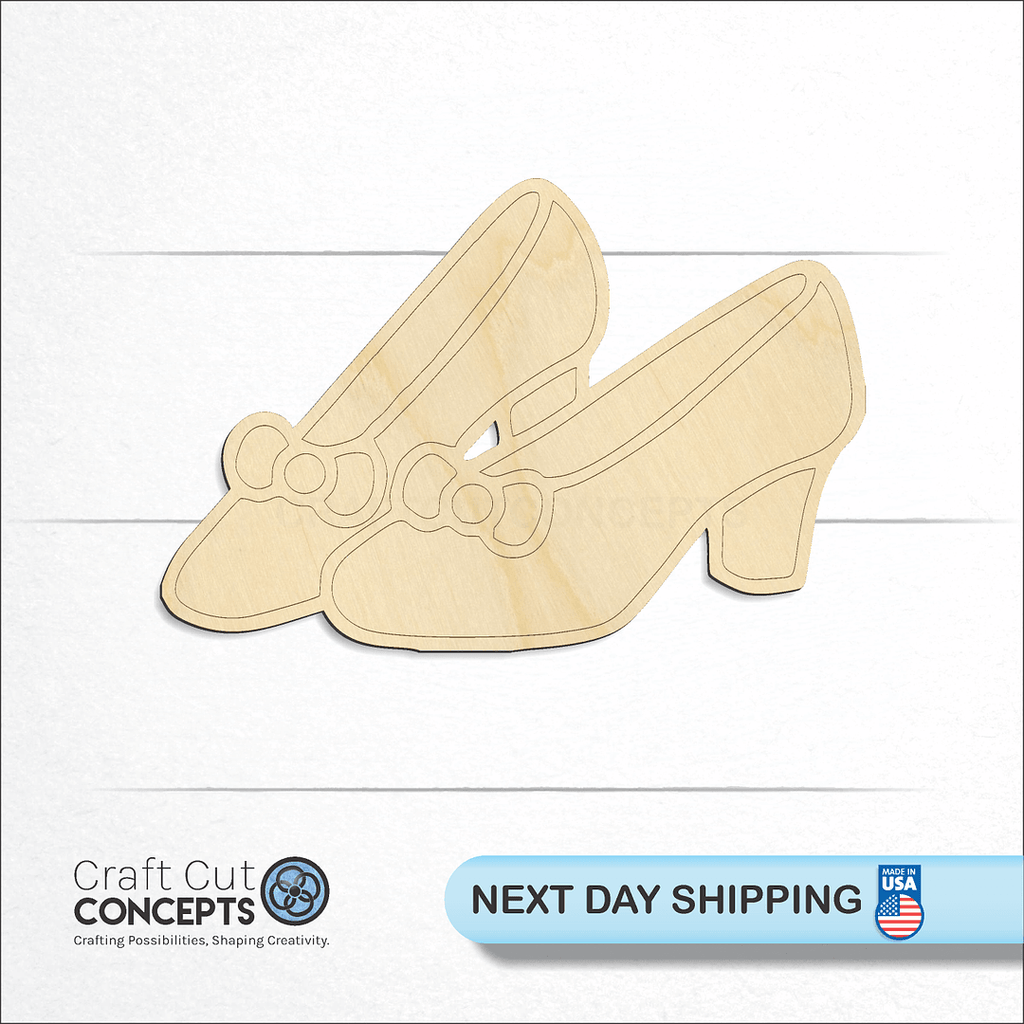 Craft Cut Concepts logo and next day shipping banner with an unfinished wood Ruby Slippers craft shape and blank