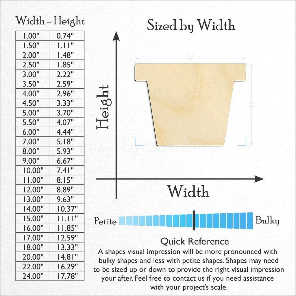 Sizes available for a laser cut Flower Pot craft blank