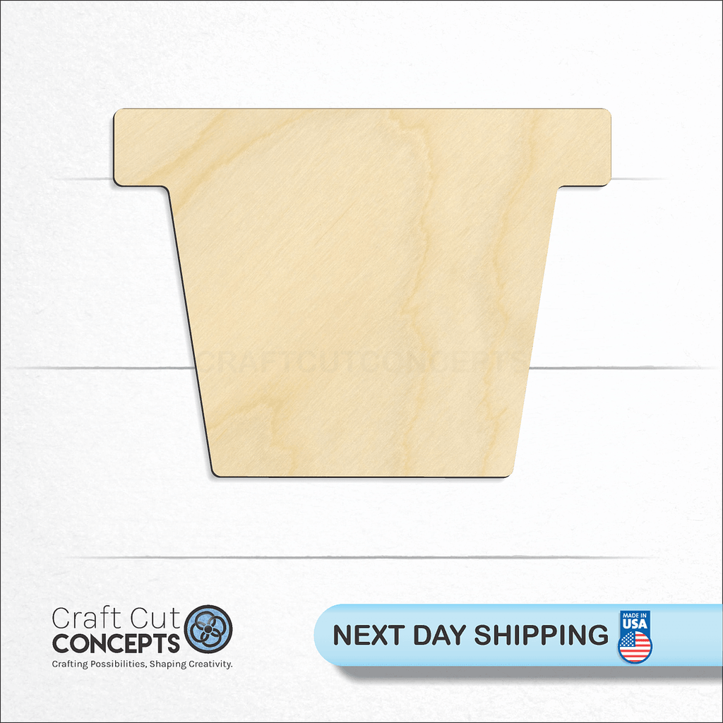 Craft Cut Concepts logo and next day shipping banner with an unfinished wood Flower Pot craft shape and blank