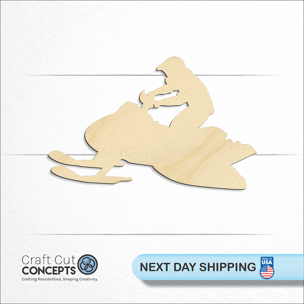 Craft Cut Concepts logo and next day shipping banner with an unfinished wood Snow Mobile Rider craft shape and blank