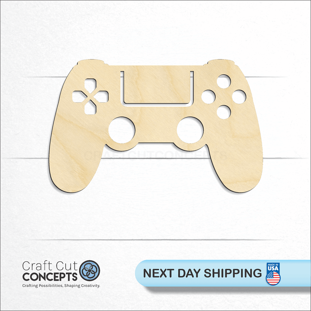 Craft Cut Concepts logo and next day shipping banner with an unfinished wood Game Controller craft shape and blank