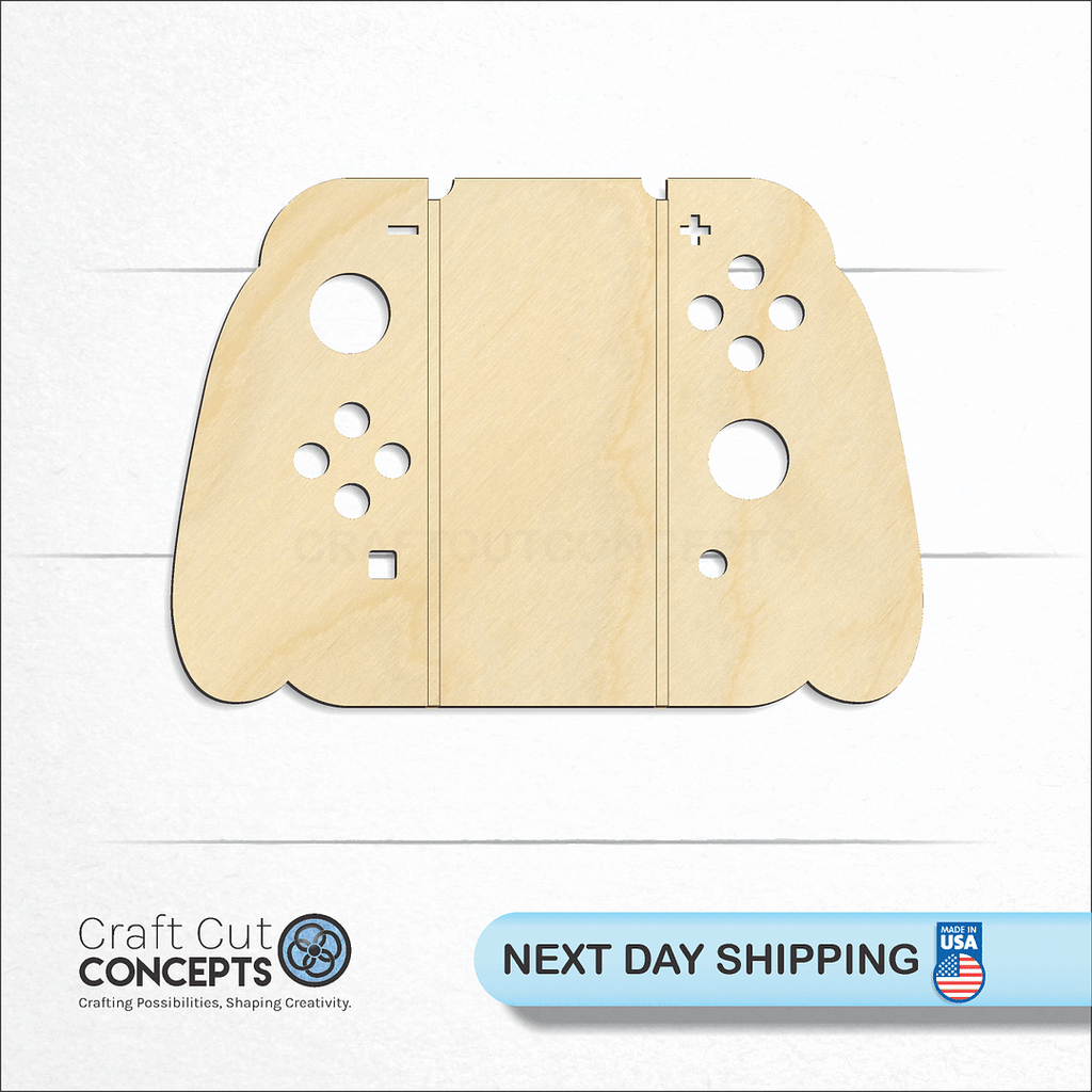 Craft Cut Concepts logo and next day shipping banner with an unfinished wood Game Controller craft shape and blank