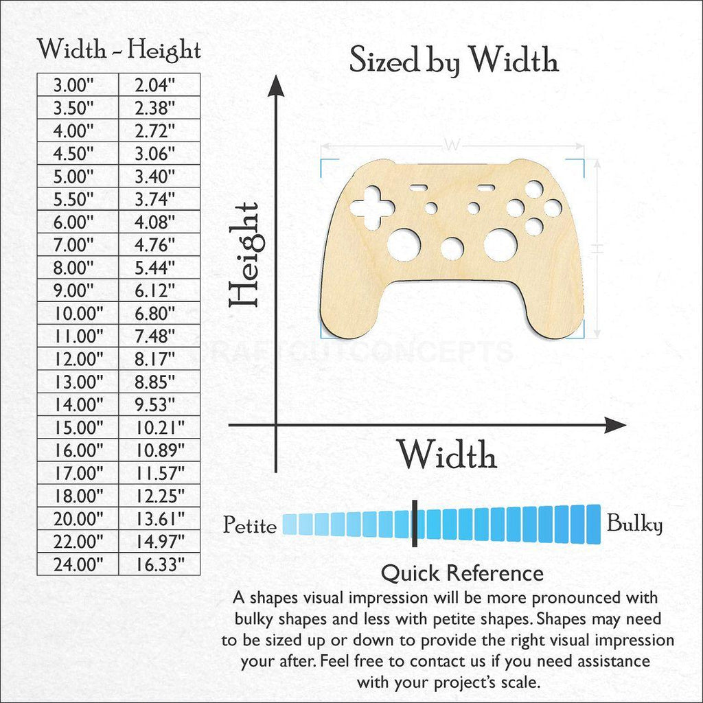 Sizes available for a laser cut Game Controller craft blank