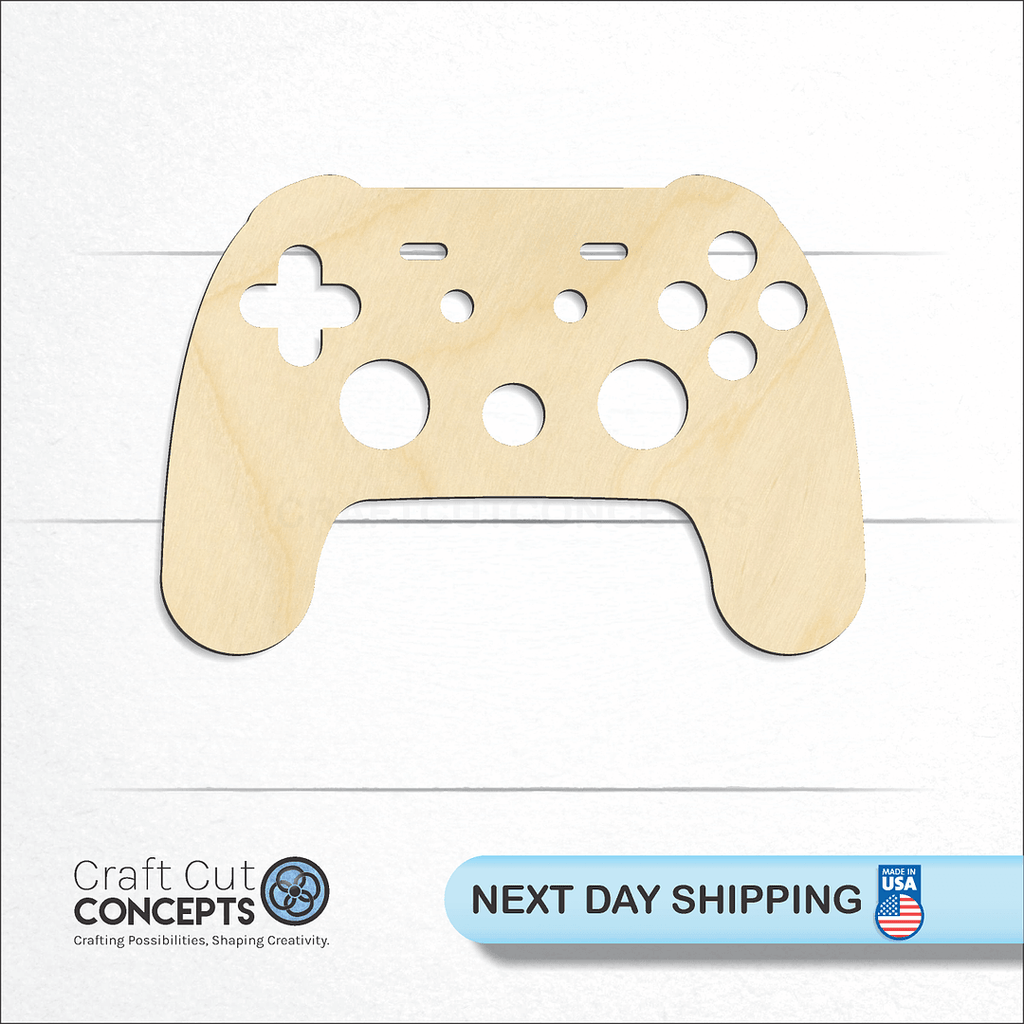 Craft Cut Concepts logo and next day shipping banner with an unfinished wood Game Controller craft shape and blank