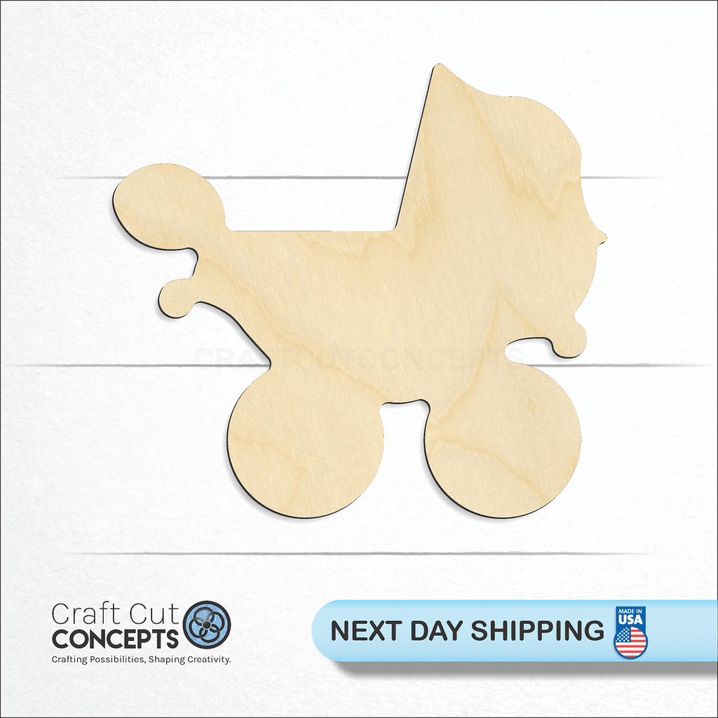 Craft Cut Concepts logo and next day shipping banner with an unfinished wood Baby Carridge craft shape and blank