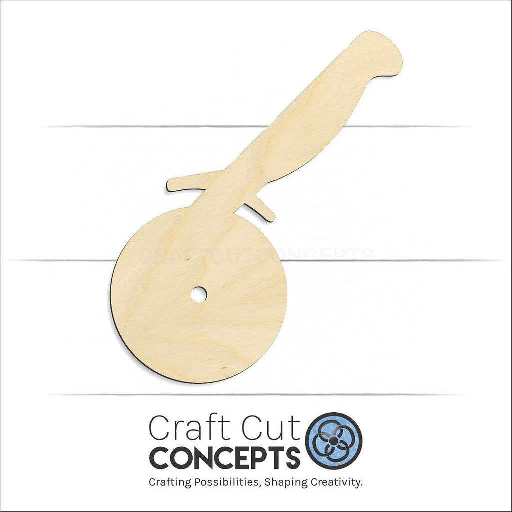 Craft Cut Concepts Logo under a wood Pizza Cutter craft shape and blank