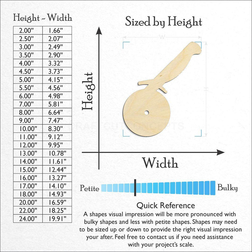 Sizes available for a laser cut Pizza Cutter craft blank