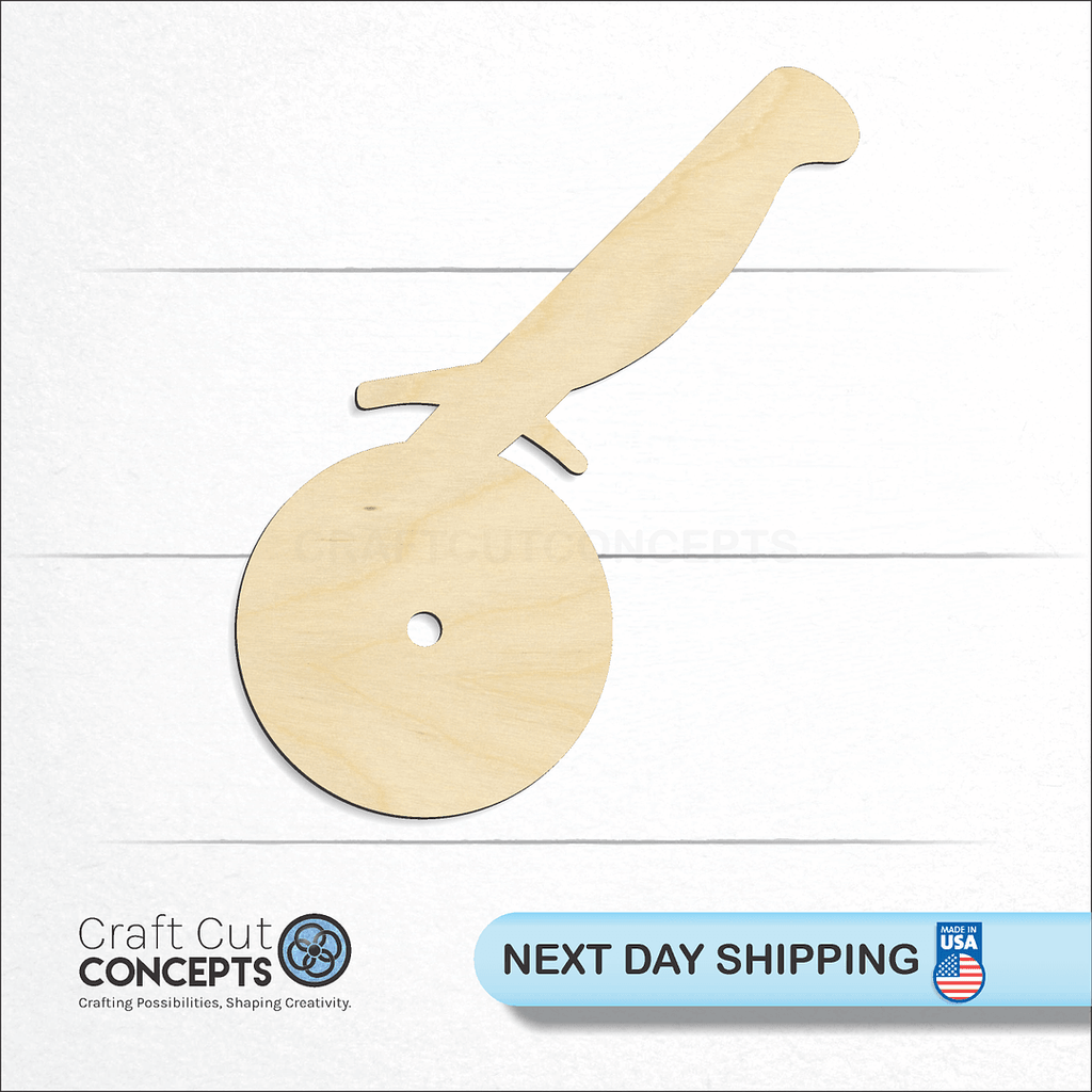 Craft Cut Concepts logo and next day shipping banner with an unfinished wood Pizza Cutter craft shape and blank