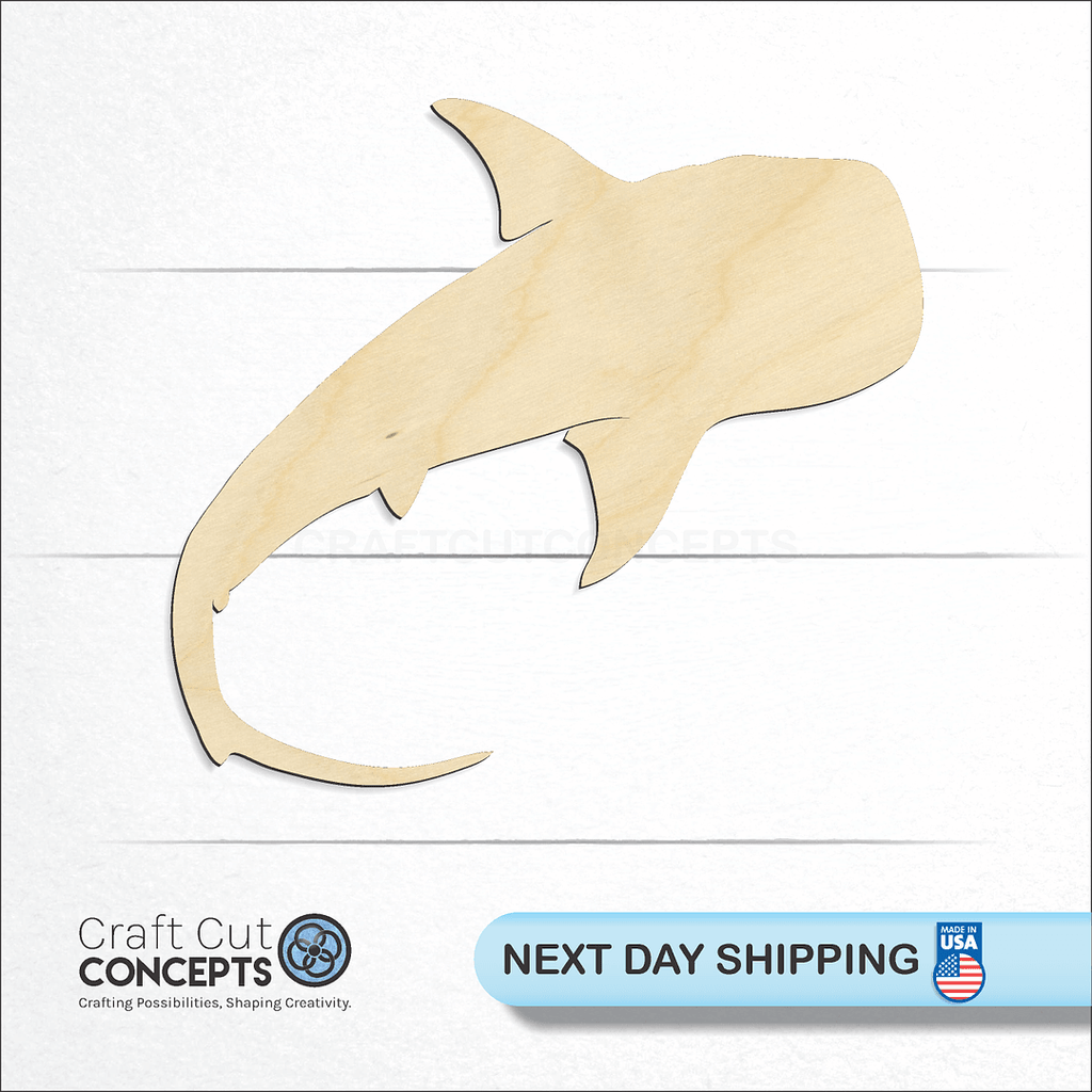 Craft Cut Concepts logo and next day shipping banner with an unfinished wood Whale Shark craft shape and blank