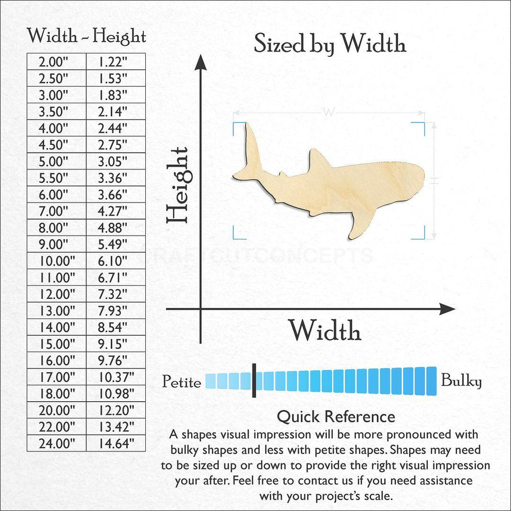 Sizes available for a laser cut Whale Shark craft blank