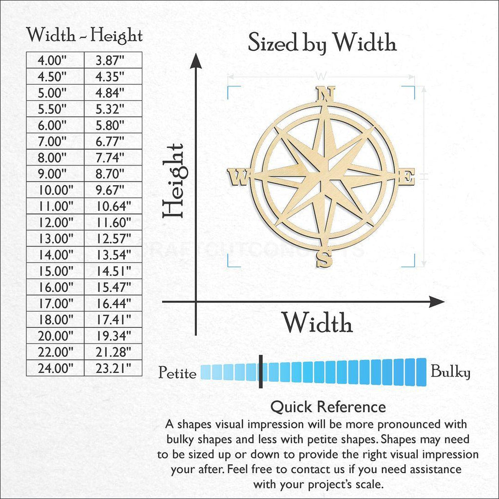 Sizes available for a laser cut Compass Rose craft blank