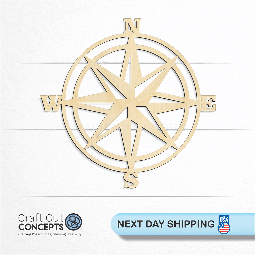 Craft Cut Concepts logo and next day shipping banner with an unfinished wood Compass Rose craft shape and blank