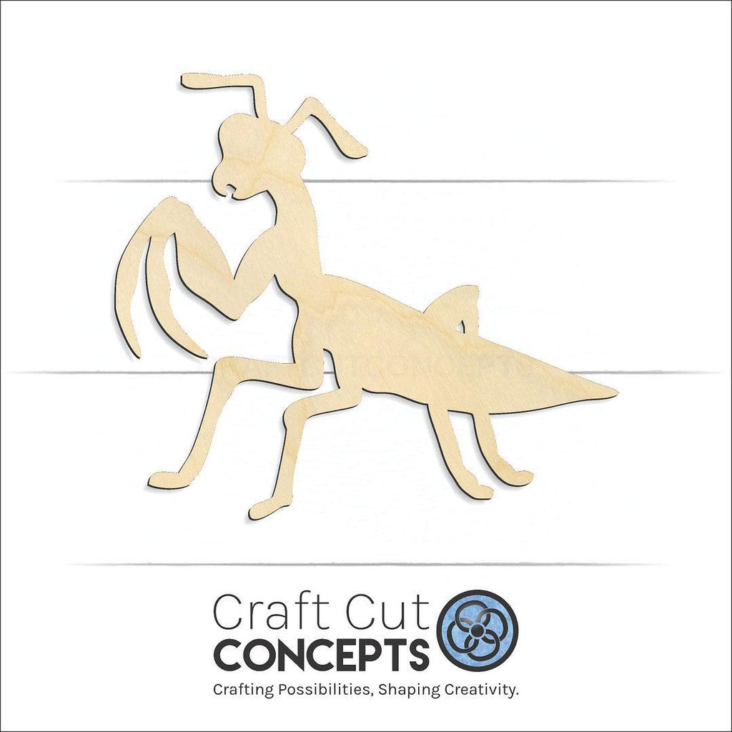 Craft Cut Concepts Logo under a wood Praying Mantis craft shape and blank