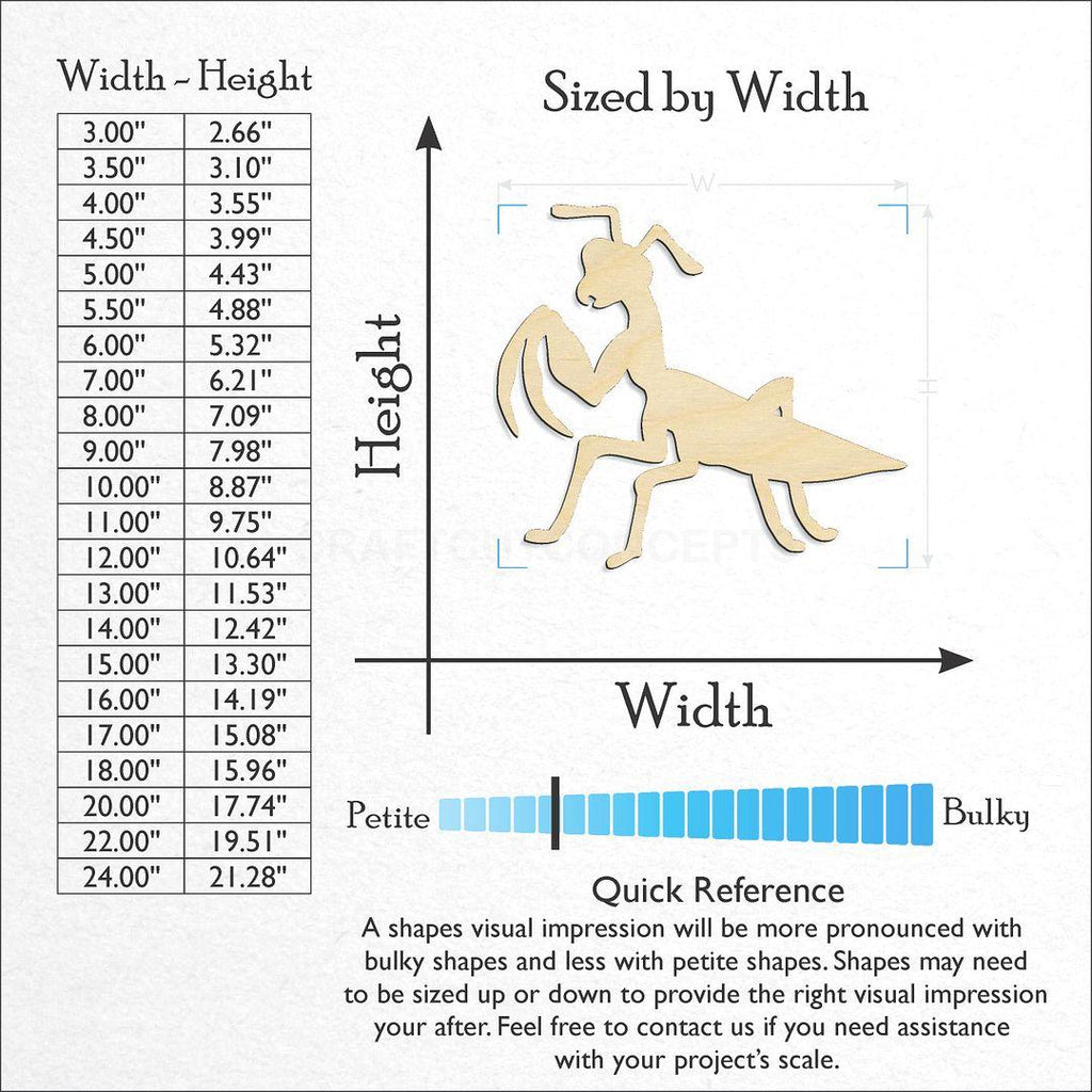 Sizes available for a laser cut Praying Mantis craft blank