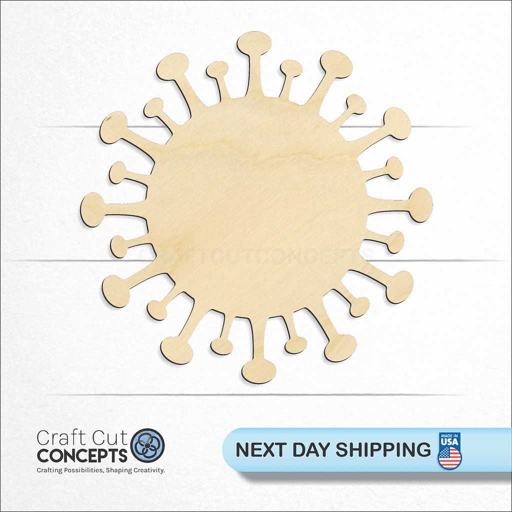 Craft Cut Concepts logo and next day shipping banner with an unfinished wood Virus craft shape and blank