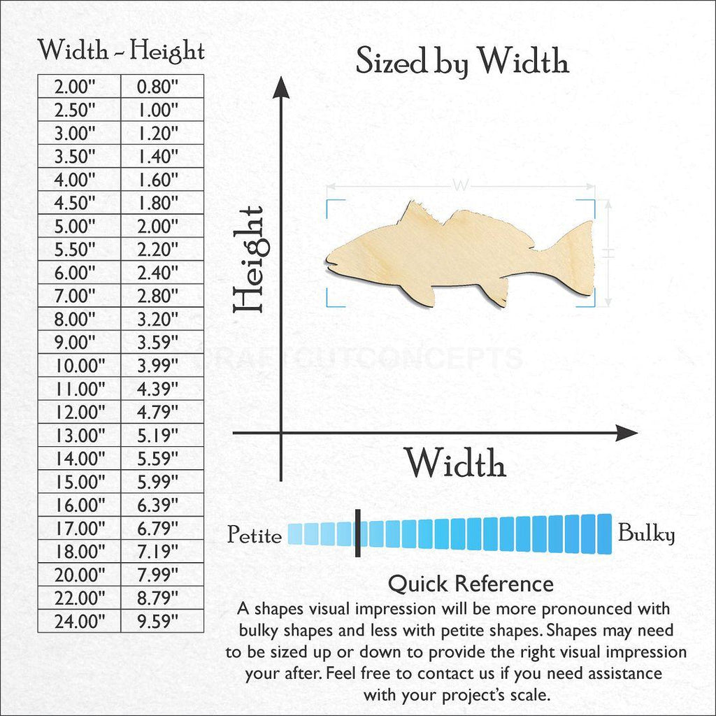 Sizes available for a laser cut Red Drum Fish craft blank