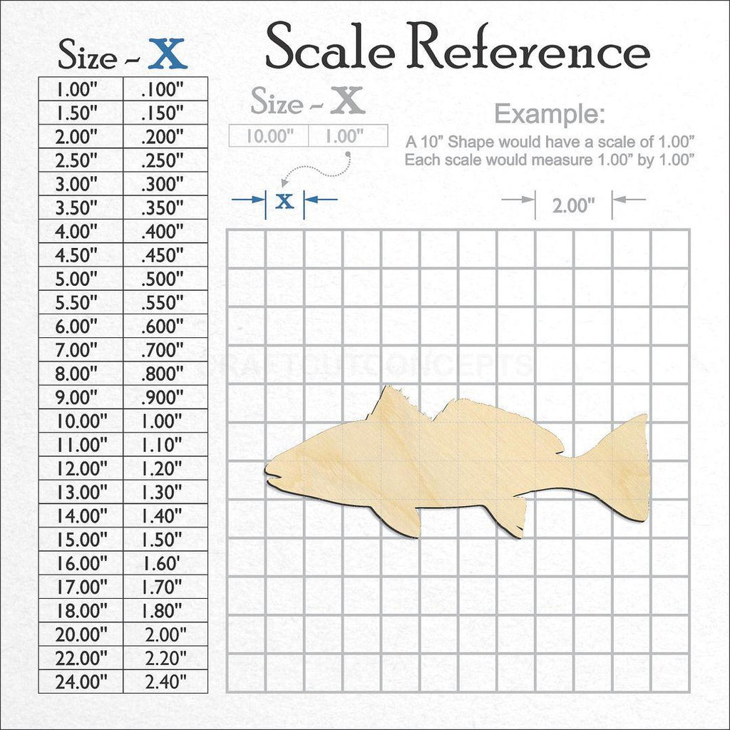 A scale and graph image showing a wood Red Drum Fish craft blank