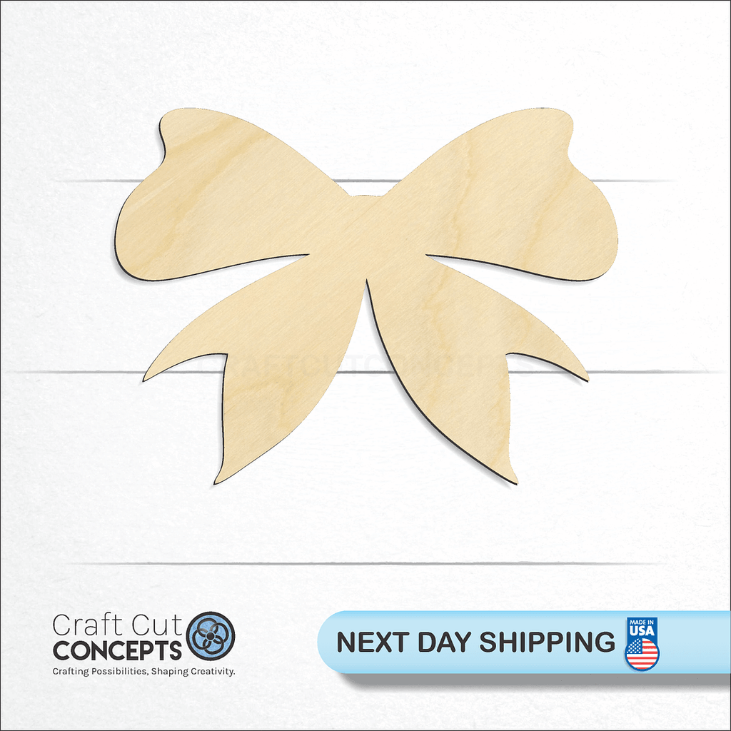 Craft Cut Concepts logo and next day shipping banner with an unfinished wood Christmas Present Bow craft shape and blank