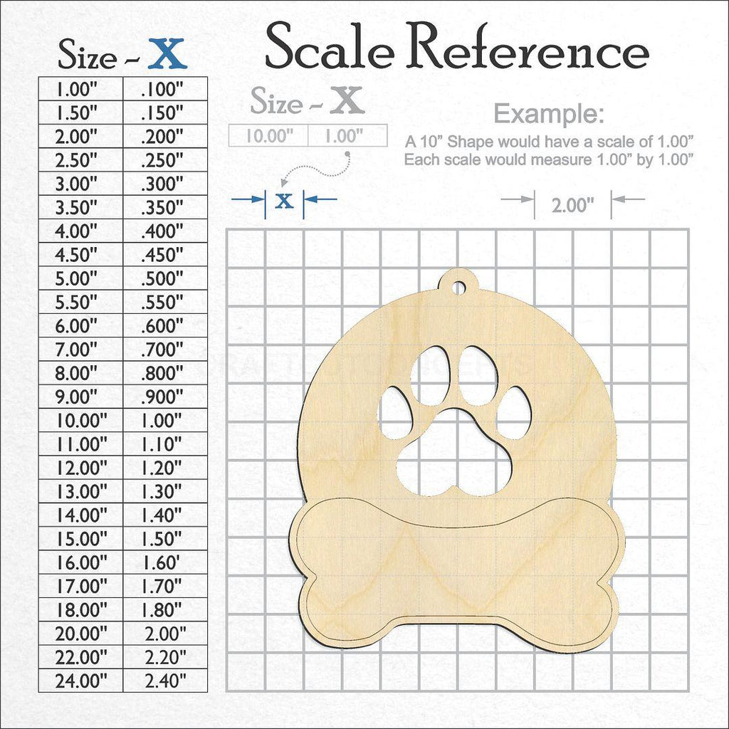 A scale and graph image showing a wood Paw Print Sign craft blank