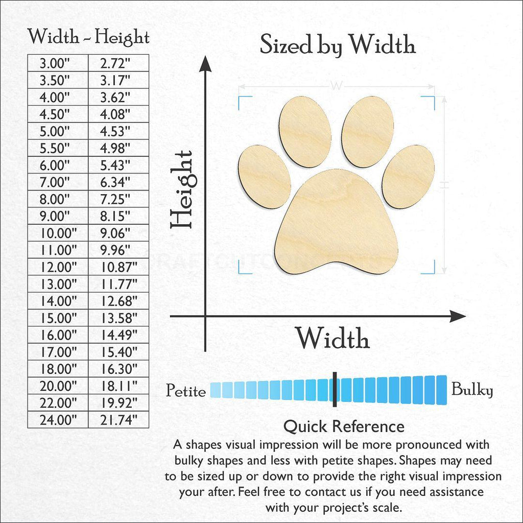 Sizes available for a laser cut Paw Print Pieces craft blank