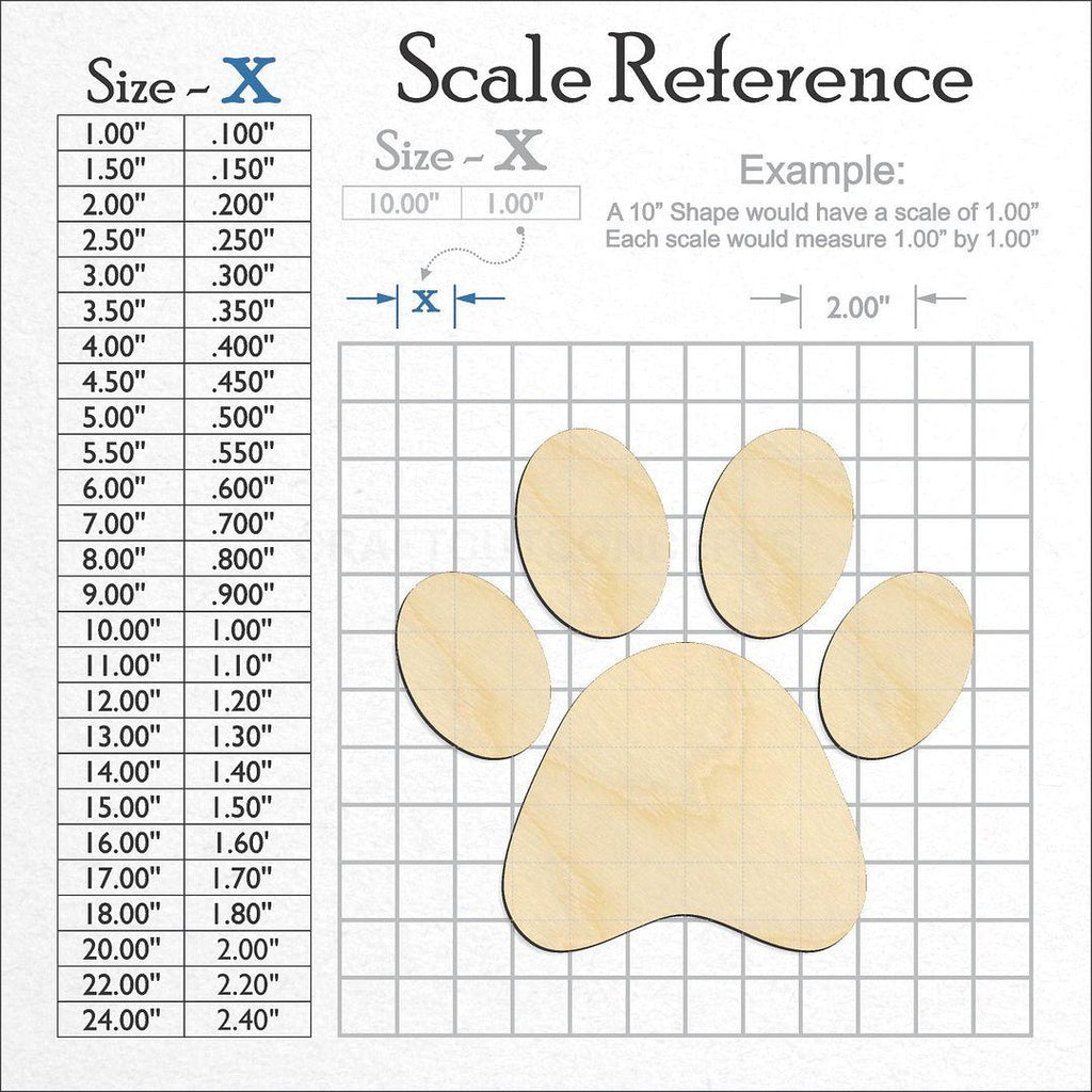 A scale and graph image showing a wood Paw Print Pieces craft blank