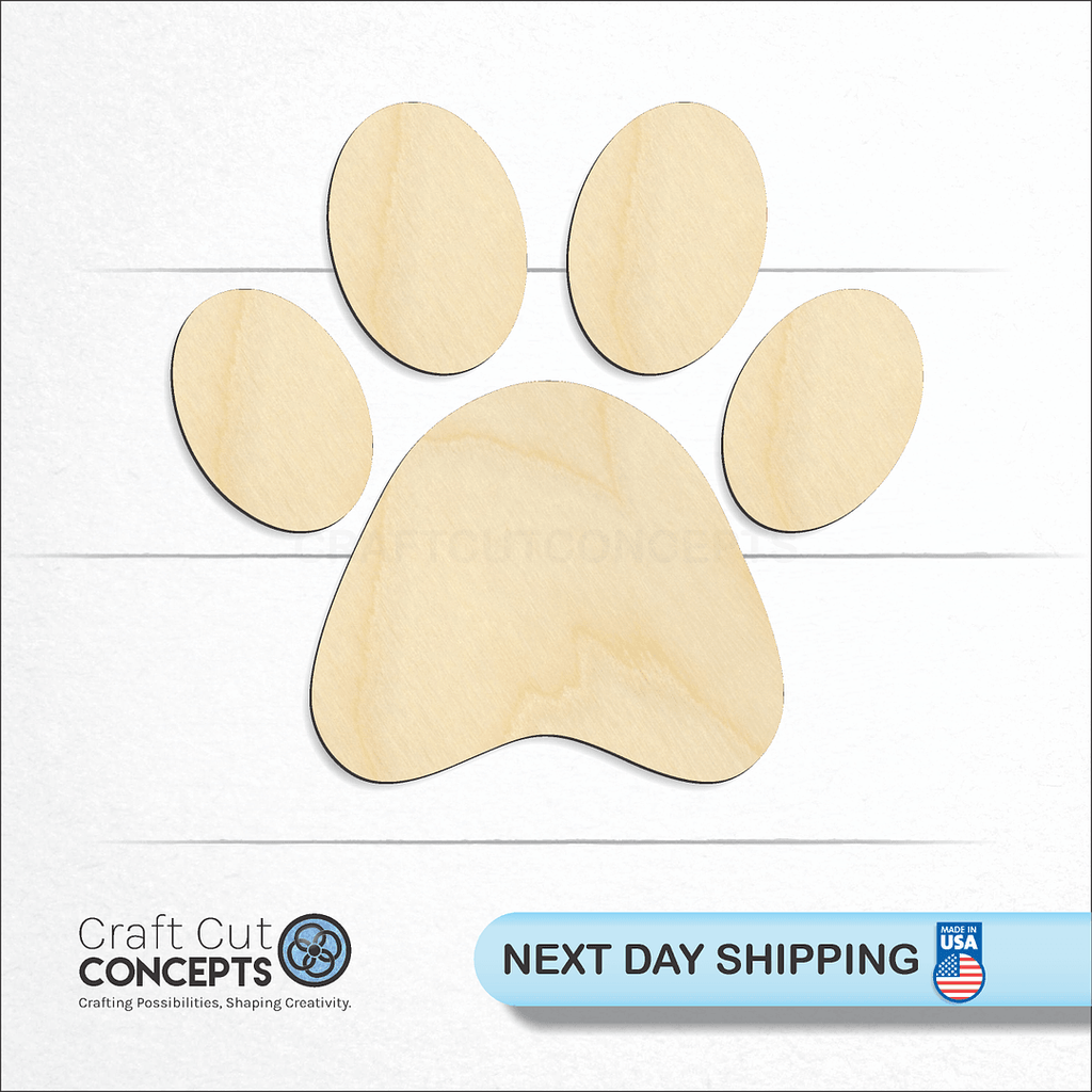 Craft Cut Concepts logo and next day shipping banner with an unfinished wood Paw Print Pieces craft shape and blank