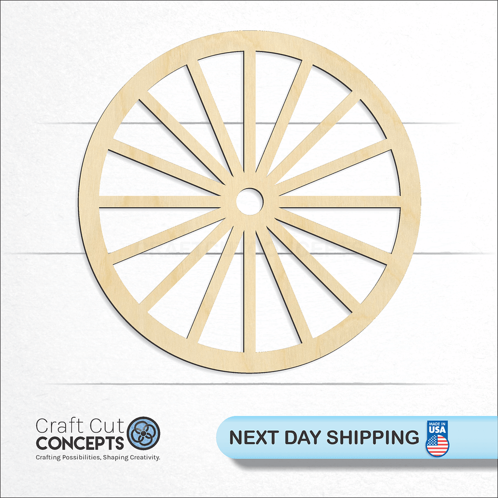 Craft Cut Concepts logo and next day shipping banner with an unfinished wood Wagon Wheel craft shape and blank