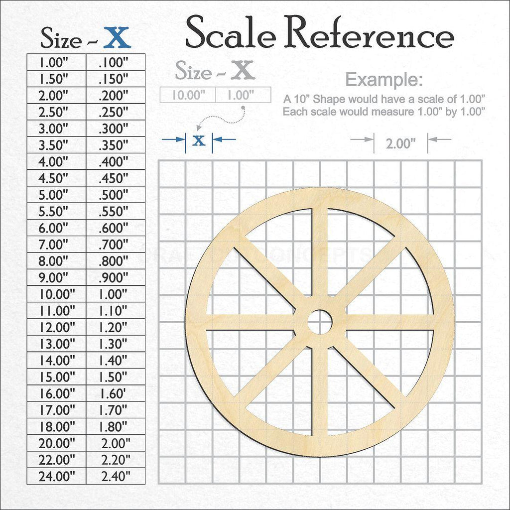 A scale and graph image showing a wood Wagon Wheel craft blank