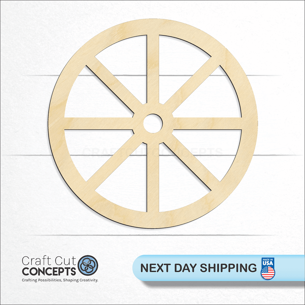 Craft Cut Concepts logo and next day shipping banner with an unfinished wood Wagon Wheel craft shape and blank