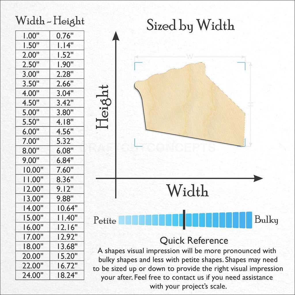 Sizes available for a laser cut Pie Piece craft blank