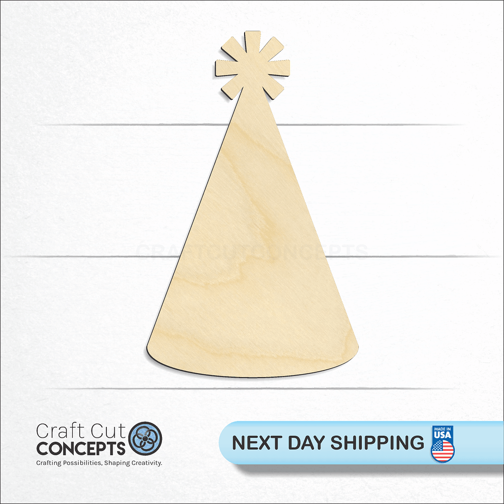 Craft Cut Concepts logo and next day shipping banner with an unfinished wood New Years Hat craft shape and blank