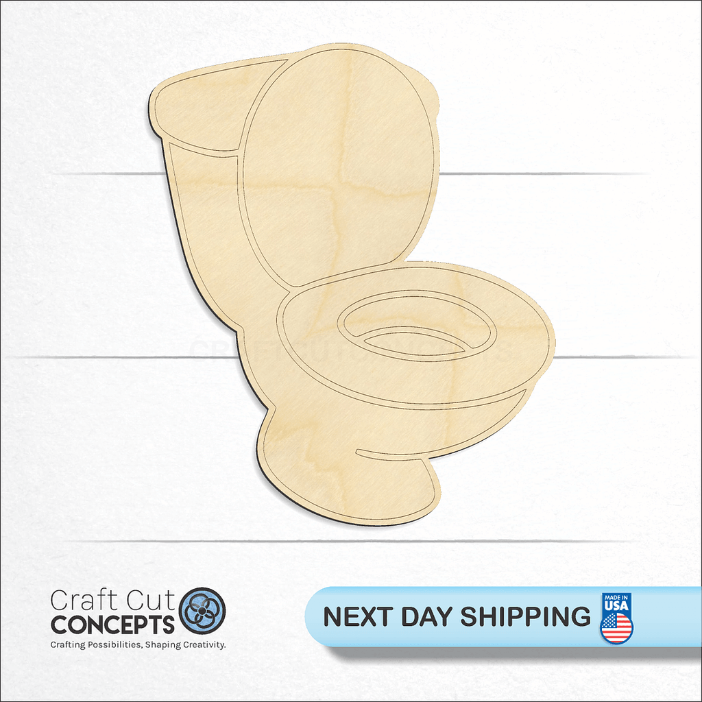 Craft Cut Concepts logo and next day shipping banner with an unfinished wood Toilet craft shape and blank