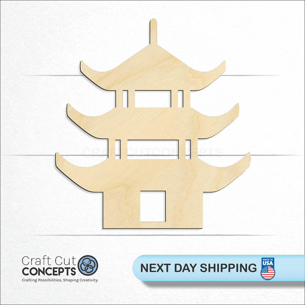 Craft Cut Concepts logo and next day shipping banner with an unfinished wood Pagonda craft shape and blank