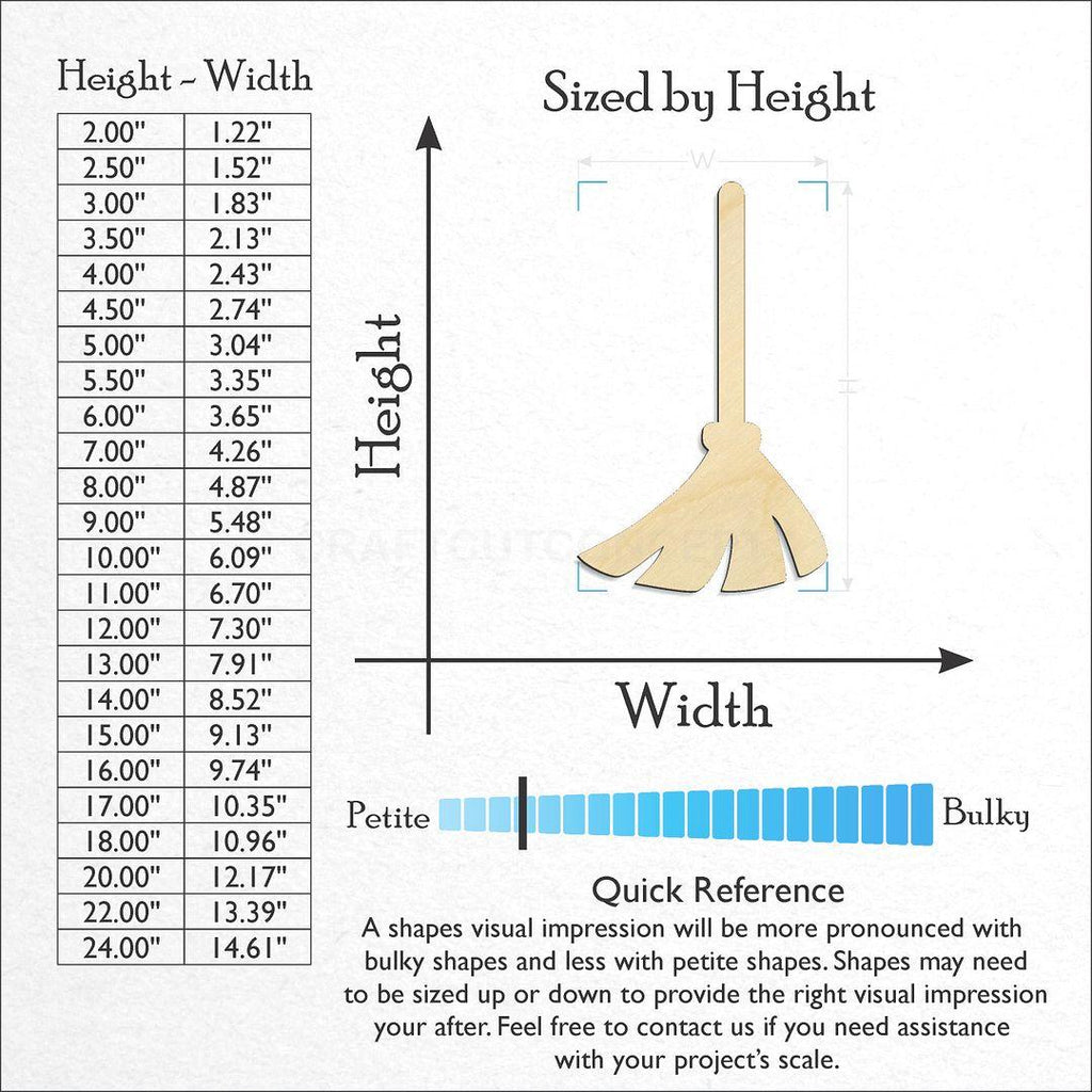 Sizes available for a laser cut Broom craft blank