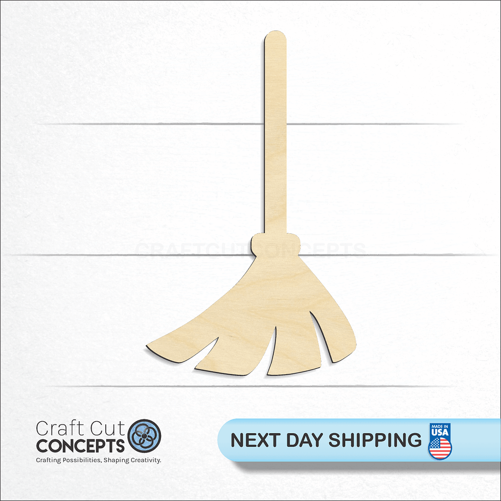 Craft Cut Concepts logo and next day shipping banner with an unfinished wood Broom craft shape and blank