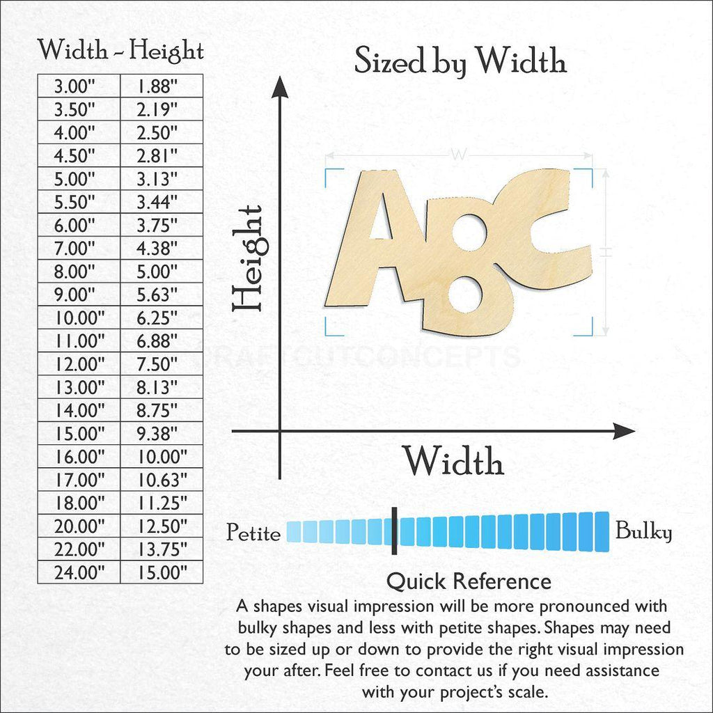 Sizes available for a laser cut ABC craft blank