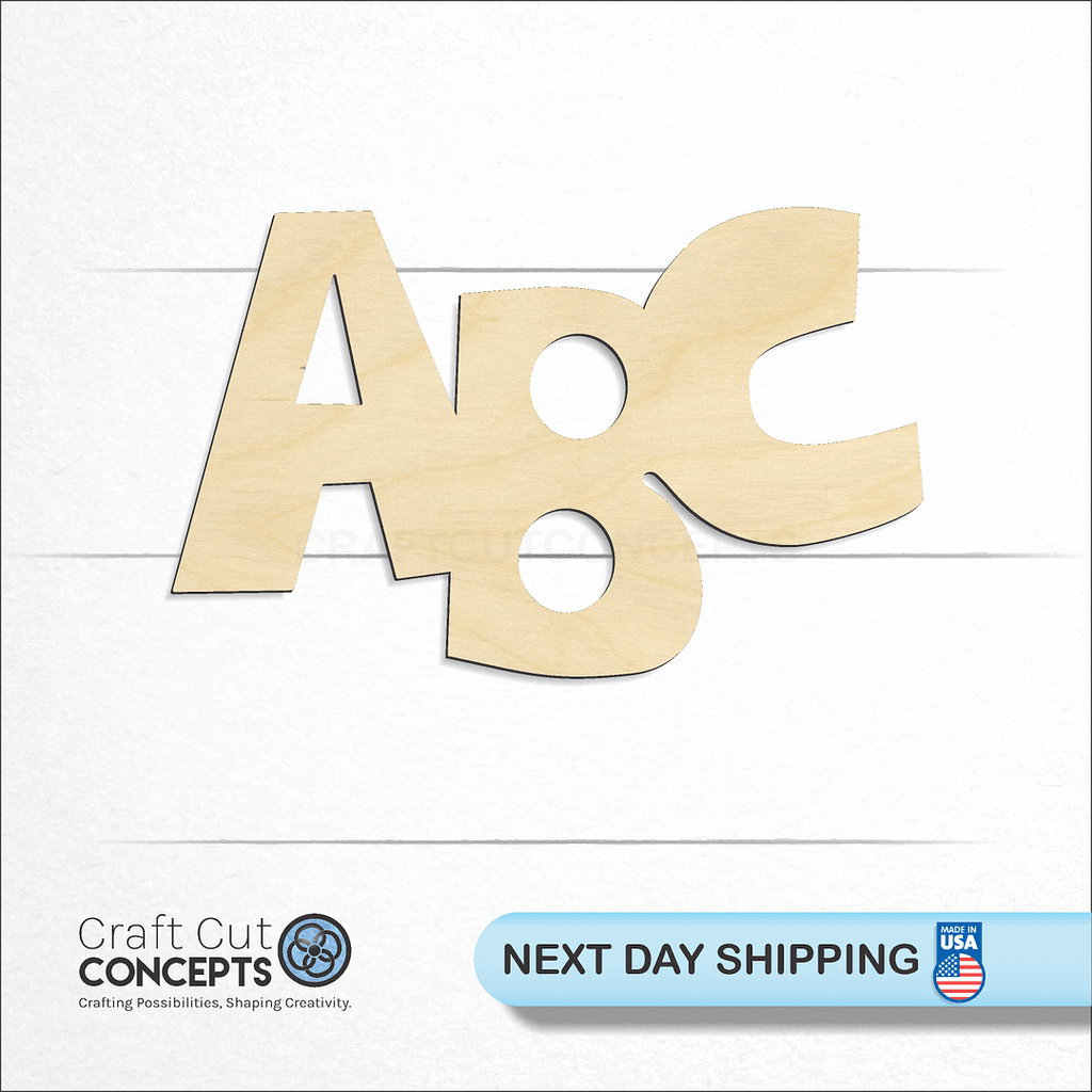 Craft Cut Concepts logo and next day shipping banner with an unfinished wood ABC craft shape and blank