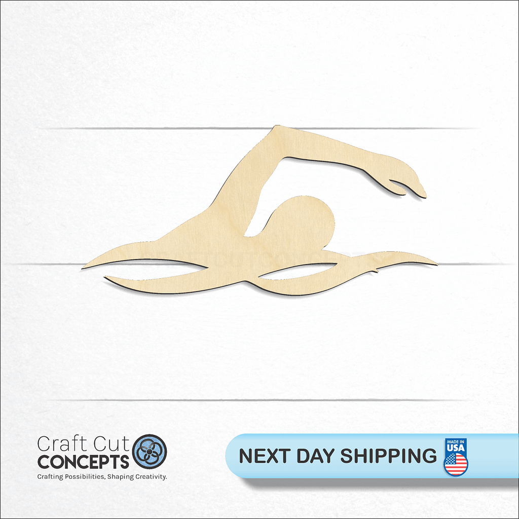 Craft Cut Concepts logo and next day shipping banner with an unfinished wood Swimmer craft shape and blank