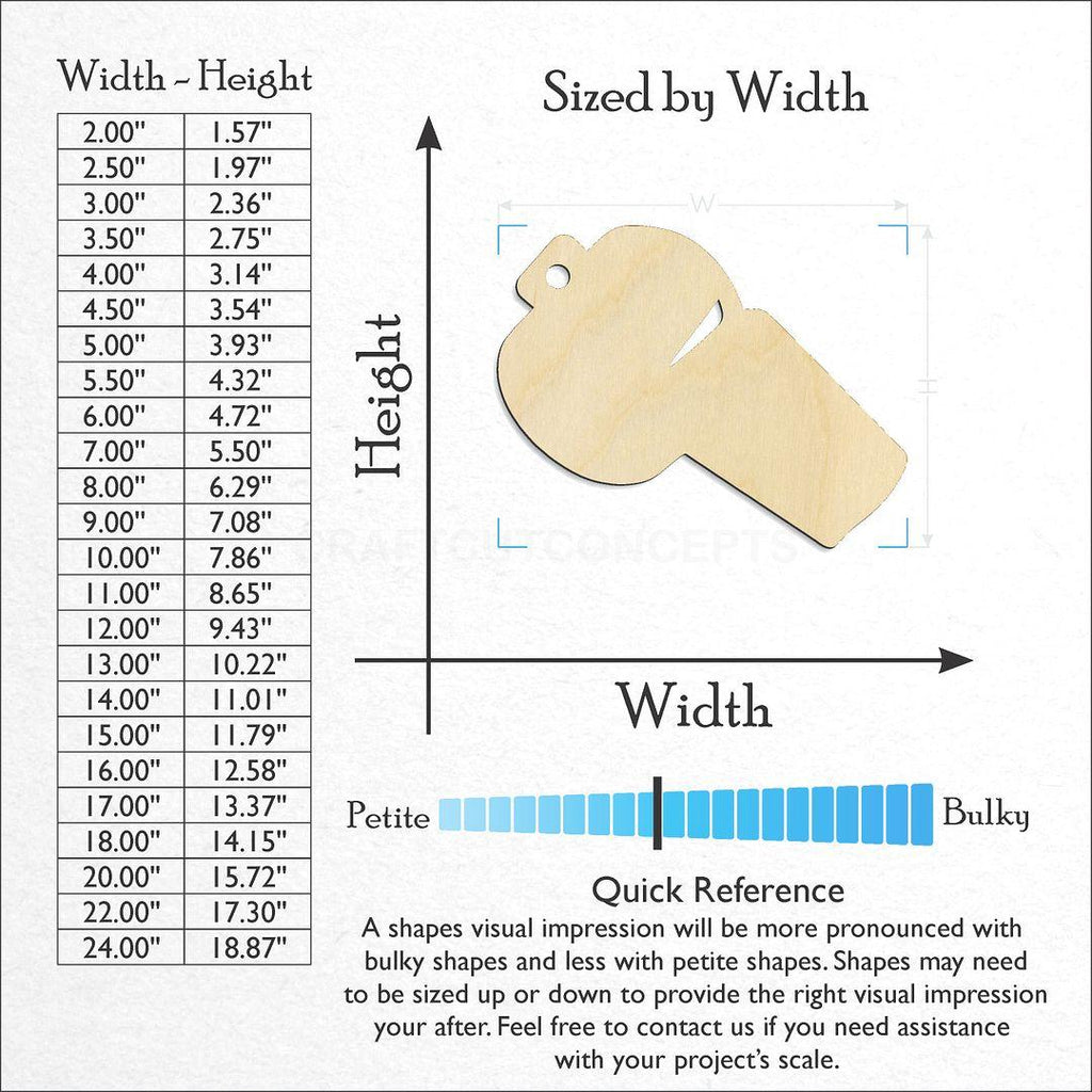 Sizes available for a laser cut Sports Whistle craft blank