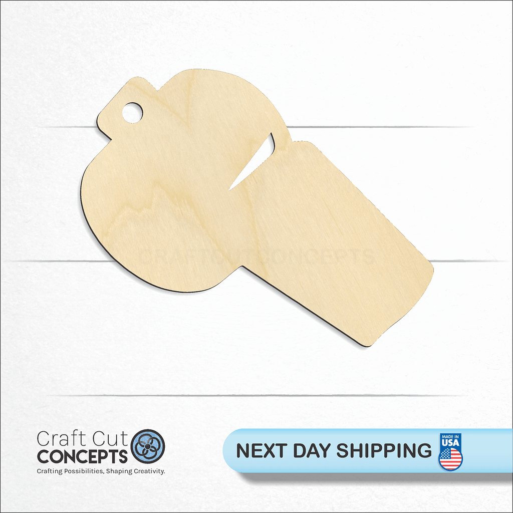 Craft Cut Concepts logo and next day shipping banner with an unfinished wood Sports Whistle craft shape and blank